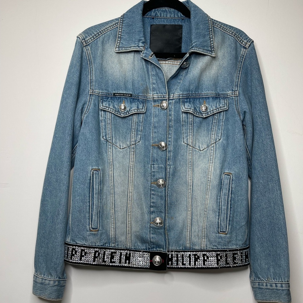 Philipp Plein S Crystal Denim Jacket Jean Rhinestones Logo Button-up Crystals